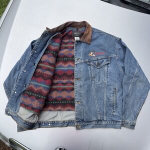 Vtg 90 Id wear Denim Trucker Jacket Aztec Wool Insulation Duck Hunting Mens XL